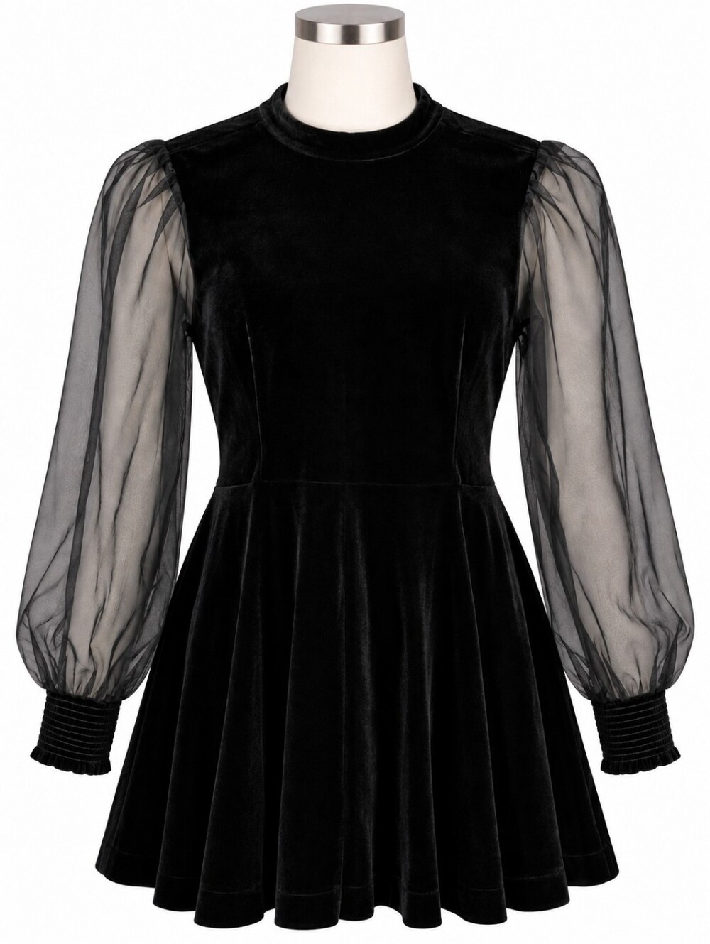 ASTR the Label Black Velvet Sheer Puff Sleeve Mini Dress Mock Neck XL Cocktail